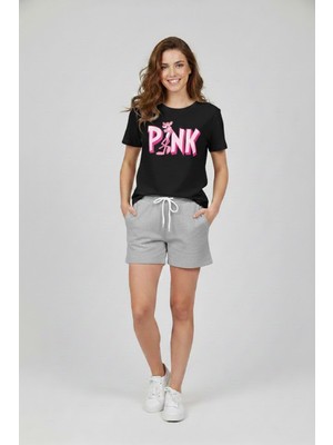 Makiteks Kadın Şort Tişört Takım Pink Panther Tshirt Pembe Panter
