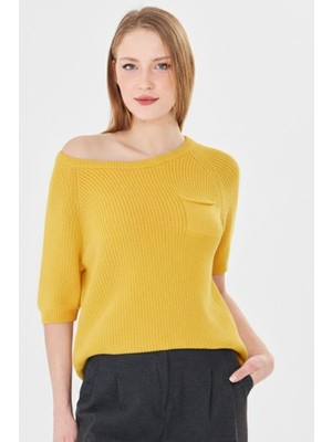 Irmak Kerekli Kadın %100 Pamuk Kayık Yaka Selanik Örgü Kısa Kollu Triko Bluz Yazlık/baharlık Kazak 71813 Sarı