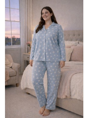 Morvarid Büyük Beden Uzun Kollu Kadın Pijama Takımı Esnek Kumaş Yumuşak Dokulu Rahat Kalıp Düğmeli