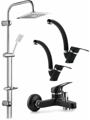 Musluq Lüx Siyah Tepe Robot Duş Seti ve Siyah Banyo Bataryası 4'lü Kuğ Set Eviye-Lavabo-Banyo Duş Set