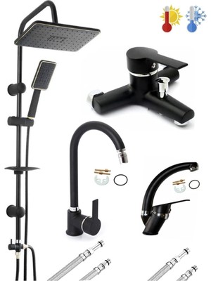 Fulcie Armatür Siyah Krom 4’lü Set Robot Duş Seti Banyo 360 Derece Hareketli Lüx Mutfak ve Lavabo