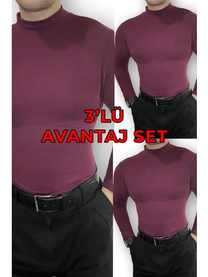 Lushen Bordo Erkek 3'lü Avantaj Paket Set Uzun Kollu Balıkçı Yaka Body Badi Kazak
