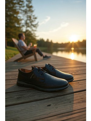 Enoch Hakiki Deri Siyah Lazer Kesim Detaylı Bağcıklı Erkek Comfort Ayakkabı