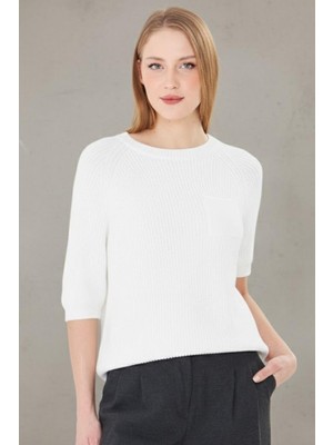 Irmak Kerekli Kadın %100 Pamuk Kayık Yaka Selanik Örgü Kısa Kollu Triko Bluz Yazlık/baharlık Kazak 71813 Ekru