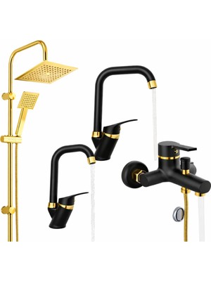 Gold Kare Robot Seti, Siyah Gold Banyo, Lavabo, Mutfak Bataryası Çeşmesi 4’lü Set