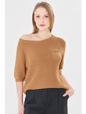 Irmak Kerekli Kadın %100 Pamuk Kayık Yaka Selanik Örgü Kısa Kollu Triko Bluz Yazlık/baharlık Kazak 71813 Camel