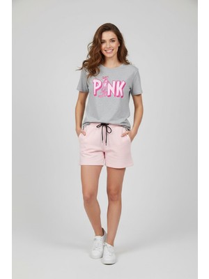 Makiteks Kadın Şort Tişört Takım Pink Panther Tshirt Pembe Panter