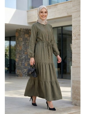 Kadın Düğmeli Bağcıklı Haki Tesettür Keten Elbise