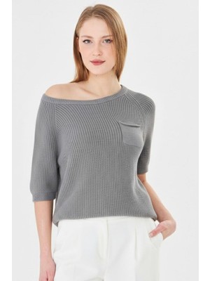 Irmak Kerekli Kadın %100 Pamuk Kayık Yaka Selanik Örgü Kısa Kollu Triko Bluz Yazlık/baharlık Kazak 71813 Gri
