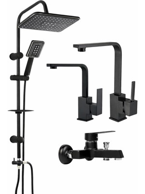 Musluq Siyah Kare Banyo Lavabo Bataryası | Modern ve Dayanıklı 4'lü Kare Setler