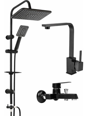 Musluq Siyha Robot Siyah Kare Set Lavabo-Evye-Banyo Bataryası Kare Set 3'lü Set Modern Takım