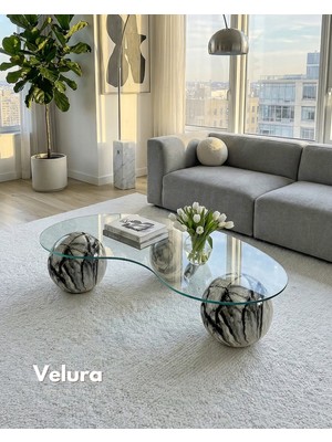 Velura Home & Living Modern Orta Sehpa & Cam Sehpa & Küre Sehpa & Top Sehpa - Diana Traverten Desen