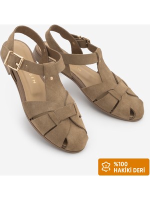 Marjin  Kadın Hakiki Deri Bilekten Bantlı Tokalı Önü Kapalı Olive Süet Günlük Sandalet Yenzar Toprak Süet