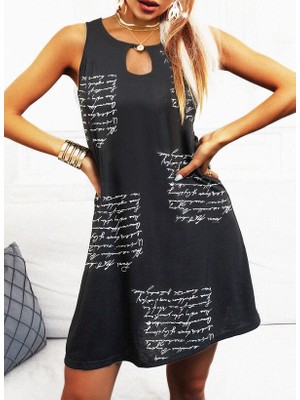 Adisia Kadın Kolsuz Halka Detay Mektup Desenli Mikro Elbise