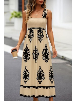 Adisia Kadın Askılı Kare Yaka Gipe Detaylı Desenli Suprem Elbise