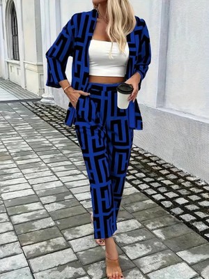 Adisia Kadın Uzun Kollu Önü Açık Desenli Iki Iplik Ceket ve Pantolon Ikili Takım