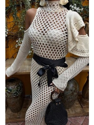 Adisia Saten Kuşaklı Ajurlu Triko Elbise 2847