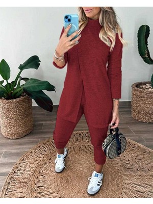 Adisia Kadın Uzun Kollu Balıkçı Yaka Önden Düğmeli Bluz ve Pantolon Yumoş Ikili Takım