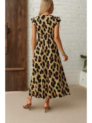 Adisia Kadın Kısa Kollu V Yakalı Desenli Yandan Yırtmaçlı Süprem Elbise