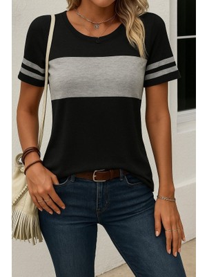 Adisia Kadın Kısa Kollu Bisiklet Yaka Çift Renkli Viskon Bluz