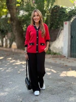 Adisia Kadın Uzun Kollu Ribanali Cep Detay Hırka ve Bol Paça Pantolon Ikili Takım