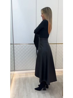 Adisia Kadın Belden Kuşaklı Uzun Deri Etek