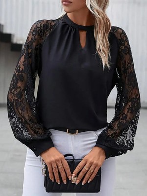Adisia Kadın Uzun Dantel Kollu Yuvarlak Yakalı Sandy Bluz