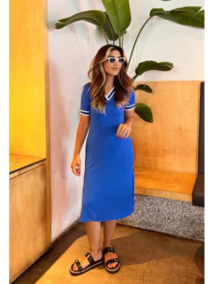 Adisia Kadın Kısa Kollu V Yaka ve Yaka Ribana Detay Midiboy Viskon Elbise