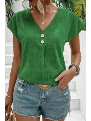 Adisia Kadın Kısa Kollu V Yakalı Düğmeli Keten Bluz