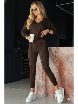 Adisia Kadın Uzun Kollu V Yakalı Viskon Iki Iplik Bluz ve Pantolon Ikili Takım