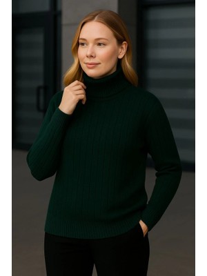 Adisia Balıkcı Yaka Bağazlı Triko Kazak Pamuklu Kalın Fitilli Dokuma - Haki