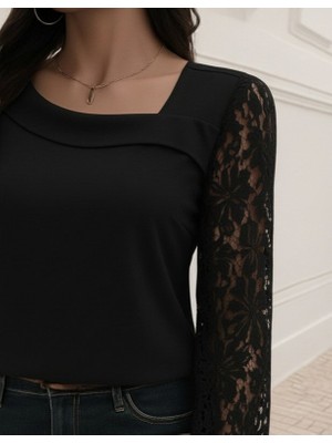 Adisia Kadın Uzun Kollu Asimetrik Yakalı Dantelli Ithal Krep Bluz