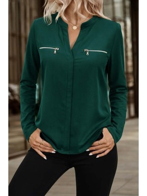 Adisia Kadın Uzun Kollu V Hakim Yaka Fermuar Detaylı Viskon Bluz