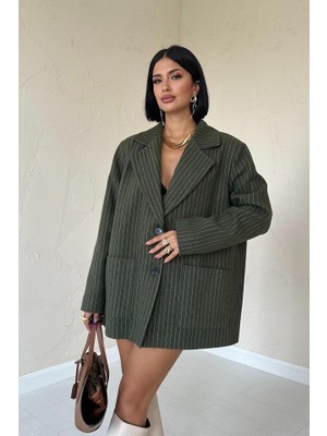 Adisia Haki Çizgili Oversize Ceket