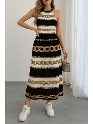 Adisia Kadın Kolsuz Boyundan Bağlamalı Beli Lastikli Dijital Baskı Süprem Uzun Elbise