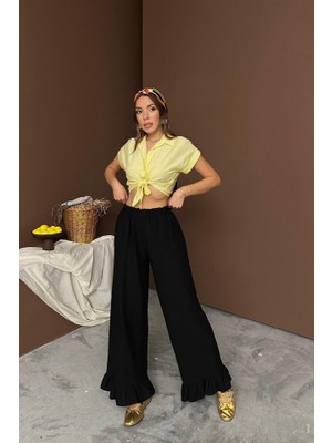Adisia Siyah Paçası Fırfırlı Keten Pantolon