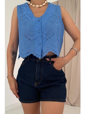 Adisia Mavi Sıfır Kol Brode Bluz