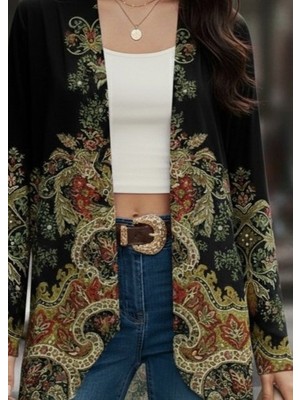 Adisia Kadın Uzun Kollu Önü Açık Desenli Şardonlu Dalgıç Ceket