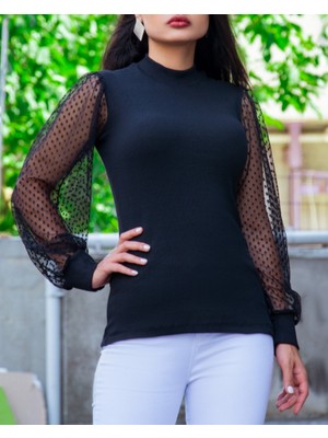 Adisia Kadın Siyah Kolu Tül Detaylı Yarım Balıkçı Kaşkorse Bluz 6160