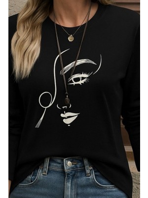 Adisia Kadın Uzun Kollu Bisiklet Yaka Yüz Desenli Viskon Bluz