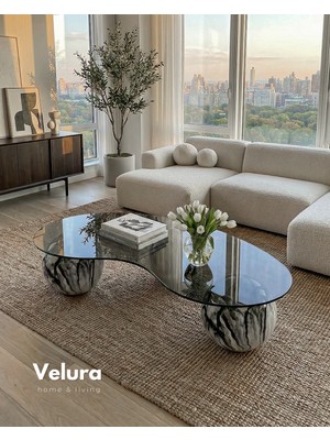 Velura Home & Living Modern Orta Sehpa & Top Sehpa Cam Sehpa & Küre Orta Sehpa - Diana - Fasulye - Şeffaf Cam