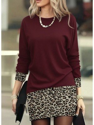 Adisia Kadın Uzun Kollu Bisiklet Yaka Üst Viskon Iki Iplik Alt Leopar Desenli Mini Elbise