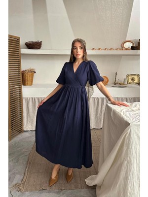 Adisia Lacivert Müslin Uzun Elbise
