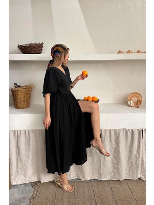 Adisia Siyah Müslin Uzun Elbise