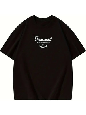 Adisia Thousand Baskılı Oversize Bisiklet Yaka T-Shirt - Siyah