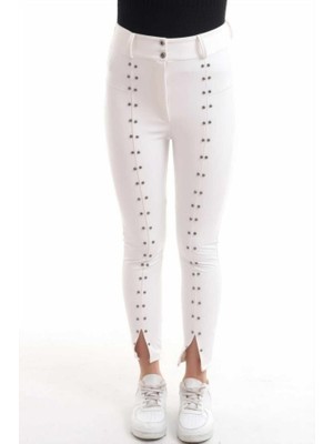 Adisia Beyaz Taş Işlemeli Deri Tayt