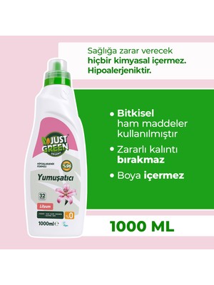 Just Green Organic Bitkisel Çamaşır Yumuşatıcı Lilyum Çiçeği - Doğal ve Ferahlatıcı Yumuşaklık (1000 Ml) 32 Yıkama