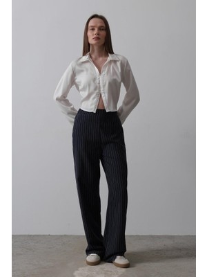 Adisia Beli Yarım Lastikli Palazzo Pantolon - Lacivert-Beyaz