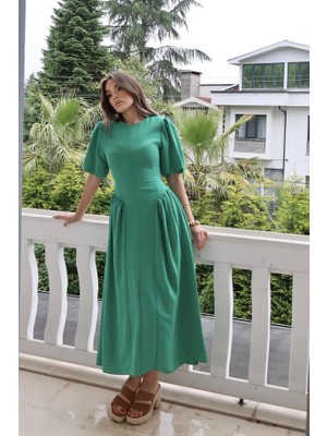 Adisia Yeşil Arkadan Bağlamalı Büzgülü Keten Elbise