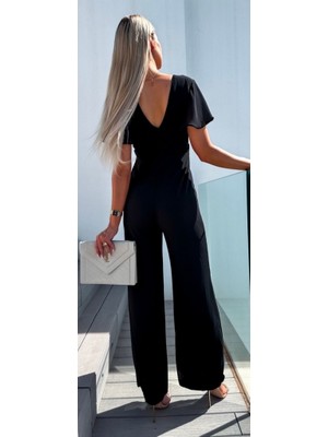 Adisia Kadın Kısa Kollu Kruvaze Yaka Sırt Dekolteli Pegasus Kumaş Tulum